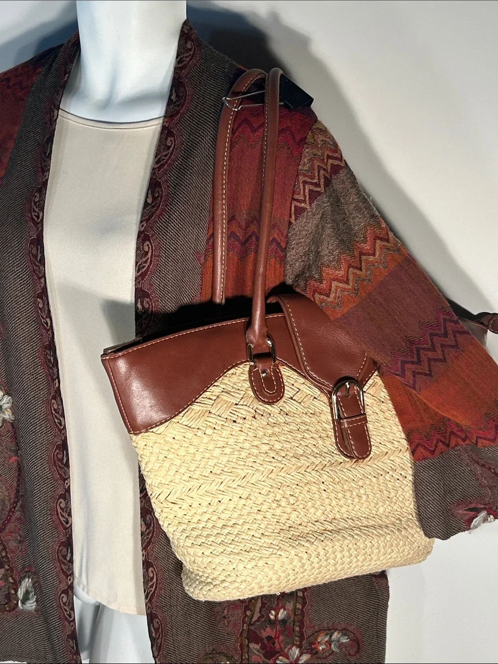Etienne Aigner Woven Straw Bag Brown Trim Resort Timeless Cottage Coastal